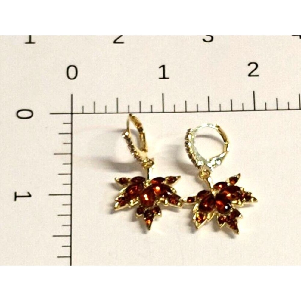 Unsigned Gold Toned Rhinestone Amber Maple Leaf Earrings Loop Closure